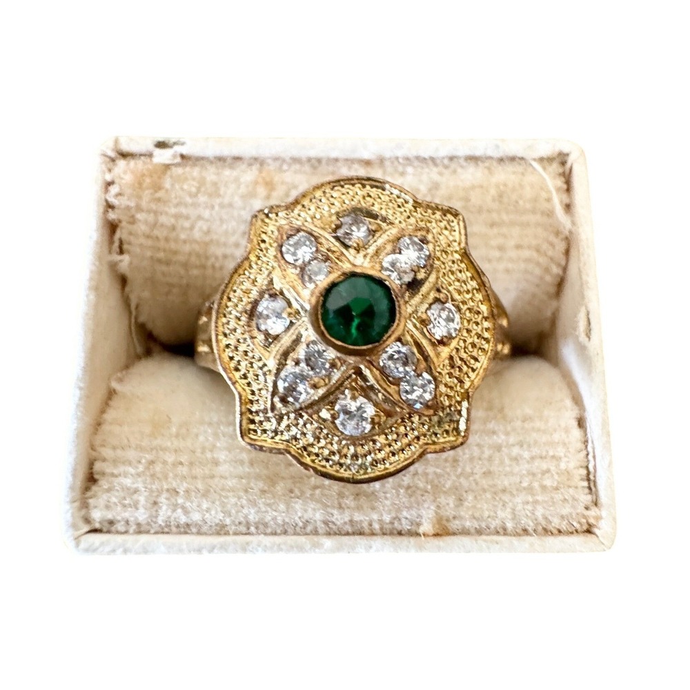 Vintage Art Deco Emerald Green Crystal Cocktail Statement Ring Size 8 1980s Gold